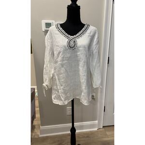 NWT JM Collection Petite 100% Linen Bejeweled Embellished Tunic Shirt - 14P